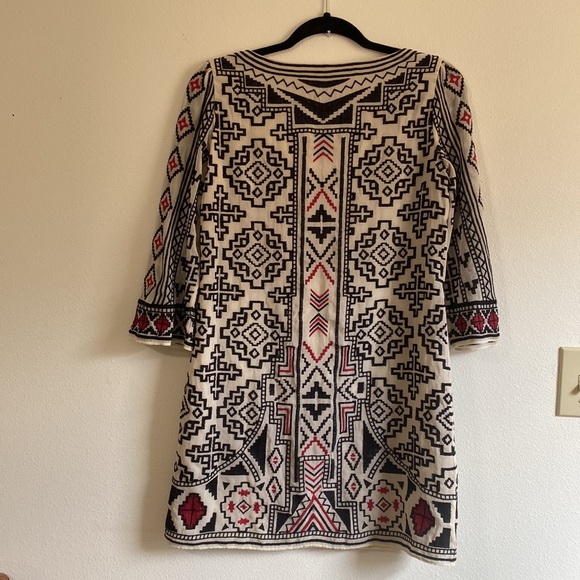 Alice + Olivia XS Aztec Tribal Deco Style Embroidered Mini Shift Dress Red White - Picture 7 of 8